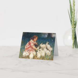 Vintage Lovely Art Note Card Girl Bunny Rabbits