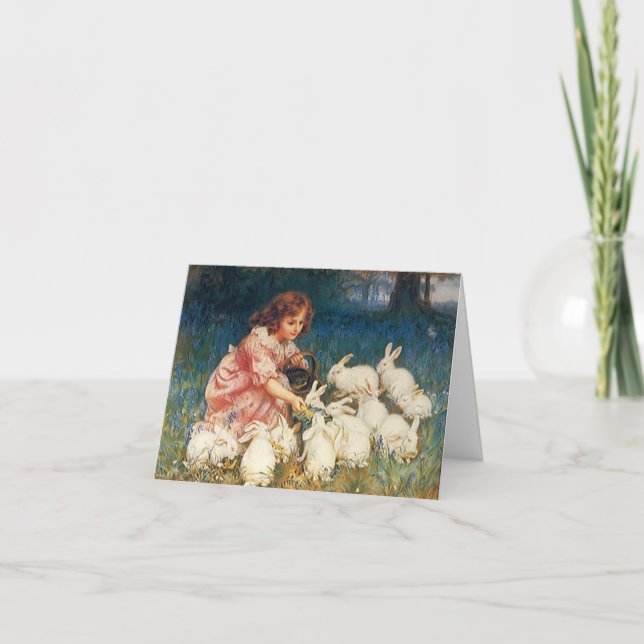 Vintage Lovely Art Note Card Girl Bunny Rabbits (Front)