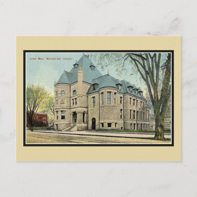 Vintage Lowell MA Memorial Hall library Postcard (Front)