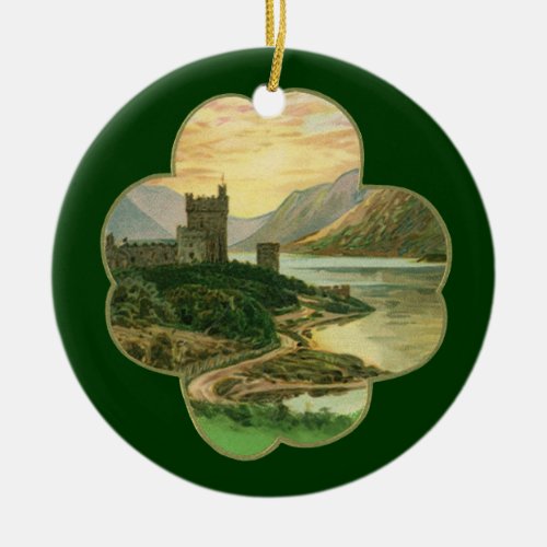 Vintage Lucky Gold Shamrock with an Irish Castle Ceramic Ornament