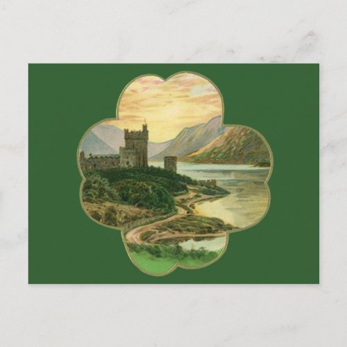 Vintage Lucky Gold Shamrock with an Irish Castle Postcard