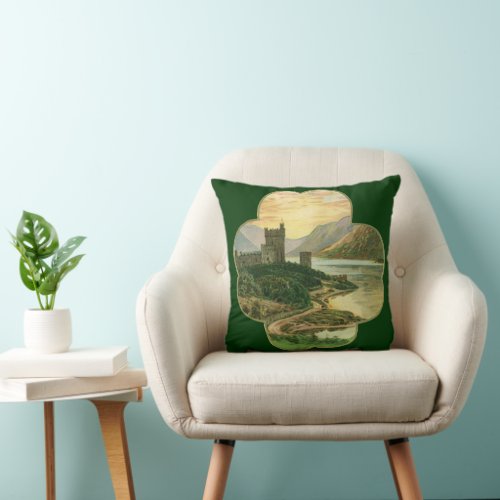 Vintage Lucky Gold Shamrock with an Irish Castle Throw Pillow