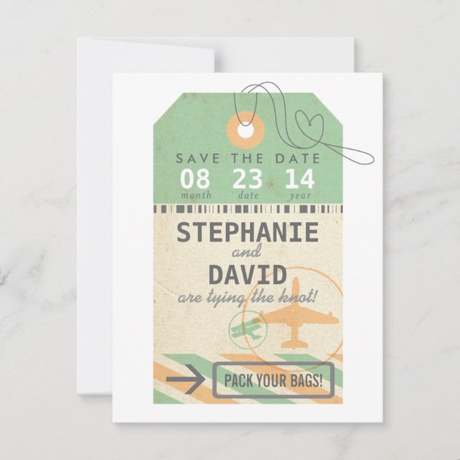 Vintage Luggage Tag Destination Wedding Save Date Save The Date (Front)