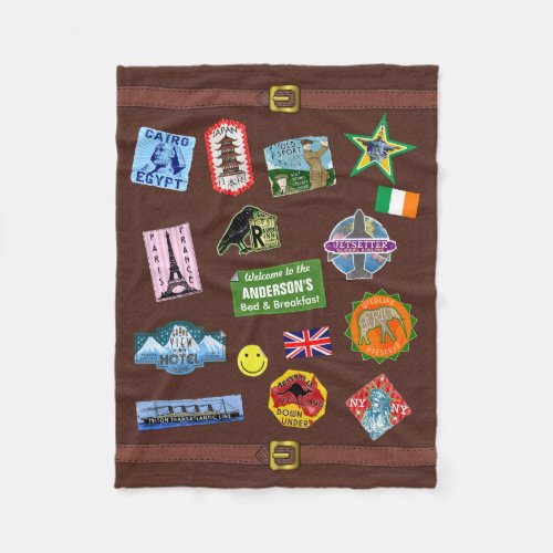 Vintage Luggage World Travel Suitcase Sticker Name Fleece Blanket