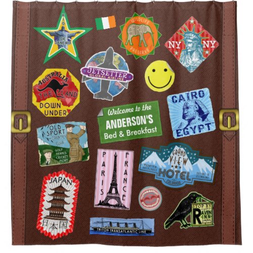 Vintage Luggage World Travel Suitcase Sticker Name Shower Curtain