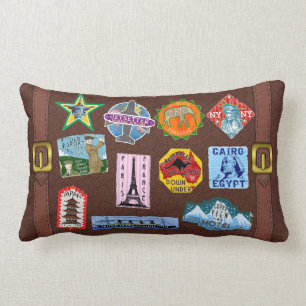 Vintage Luggage World Travel Suitcase Stickers Lumbar Pillow