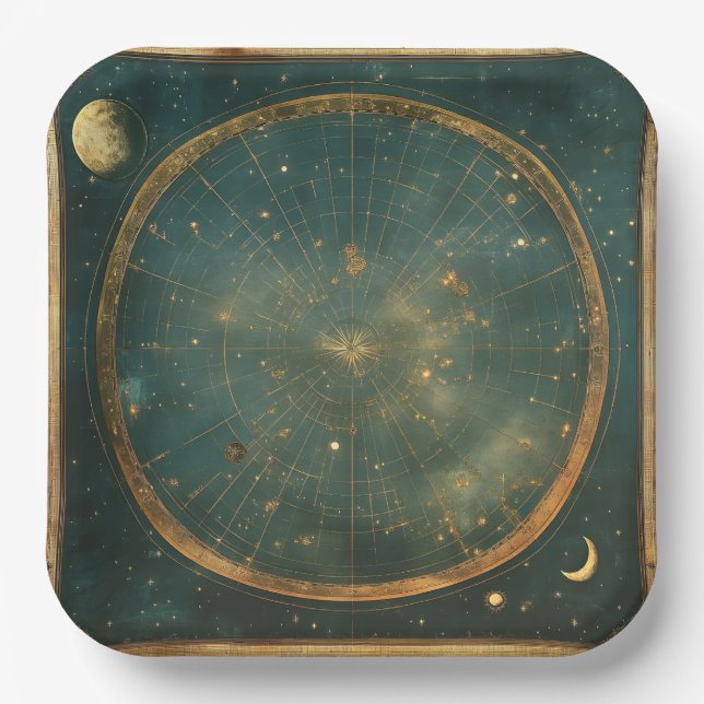 Vintage Lunar Celestial Map Design (2) Paper Plates (Front)