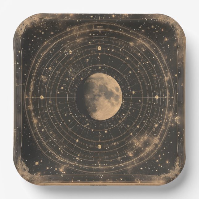 Vintage Lunar Celestial Map Design Paper Plates (Front)