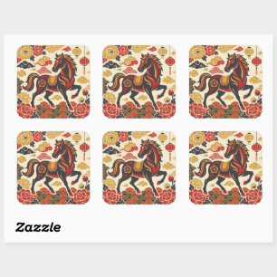 Vintage Lunar Horse Chinese New Year Square Sticker