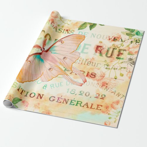 Vintage Lunar Moth and Roses Ephemera Wrapping Paper