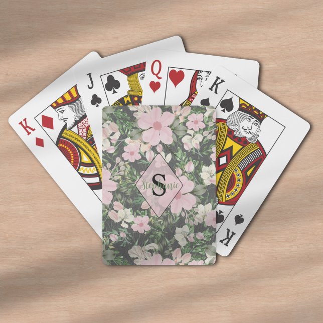 Vintage Lush Pink Botanical Monogram Poker Cards (Creator Uploaded)