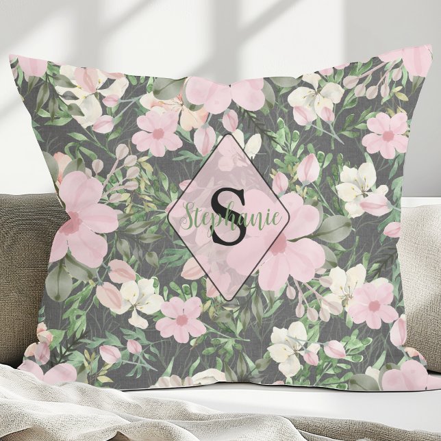 Vintage Lush Pink Botanical Monogram Throw Pillow (Creator Uploaded)