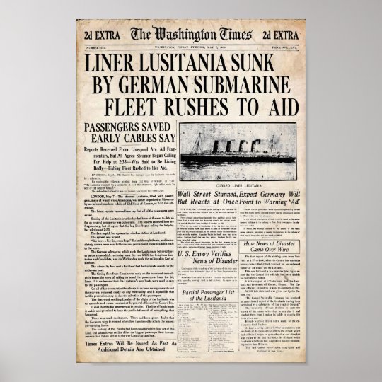 Vintage Lusitania Sinking Newspaper Headline Poster