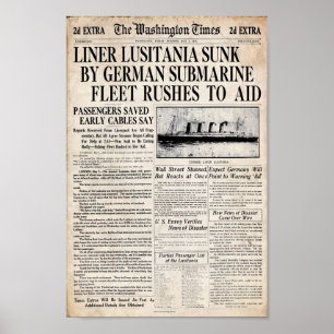 Vintage Lusitania Sinking Newspaper Headline Poster