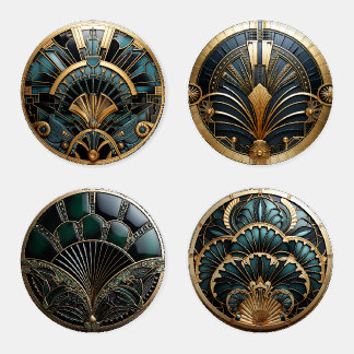 Vintage Luxury Art Deco Green Black Gold Coaster Set