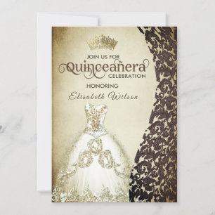 Vintage luxury damask gold tiara Quinceañera Inv Invitation