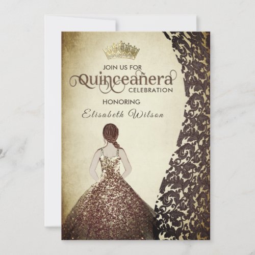 Vintage  luxury damask gold tiara Quinceaera  Invitation