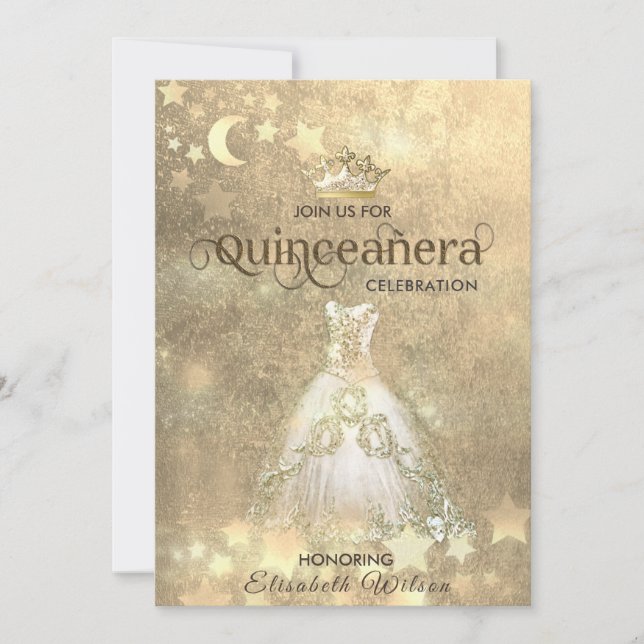 Vintage luxury dress gold tiara Quinceañera  Invitation (Front)
