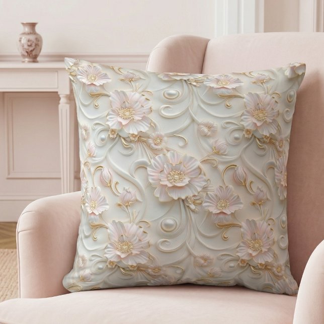 Vintage Luxury Floral Throw Pillow (elegant ornate girly glam pale blush pink ivory pearl floral throw pillow)
