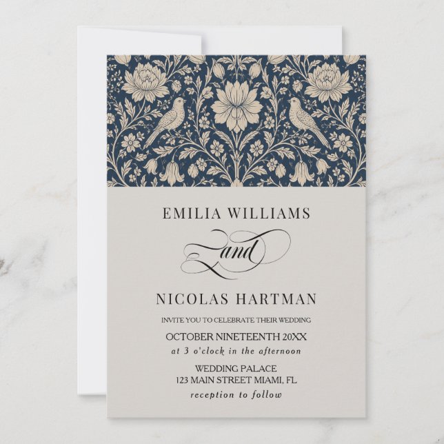 Vintage Luxury Navy Taupe Wedding Invitation (Front)