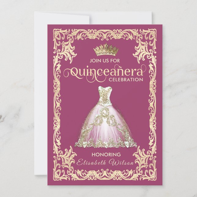 Vintage luxury sparkling dress tiara Quinceañera   Invitation (Front)