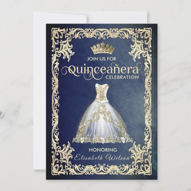 Vintage luxury sparkling dress tiara Quinceañera   Invitation (Front)