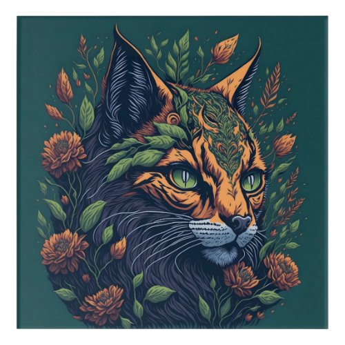 Vintage Lynx Bobcat with Flowers on Green Acrylic Print