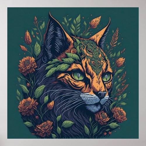 Vintage Lynx Bobcat with Flowers on Green Poster
