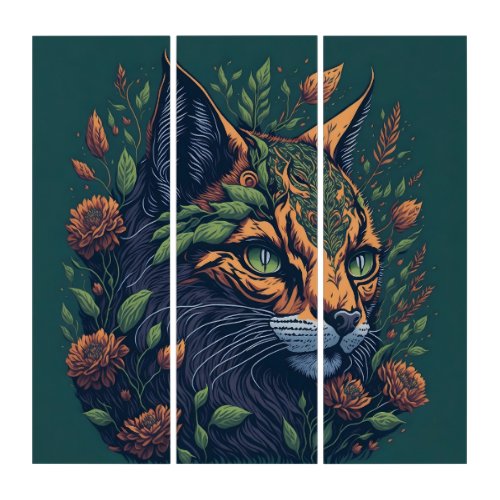 Vintage Lynx with Flowers on Green Wall Art Set
