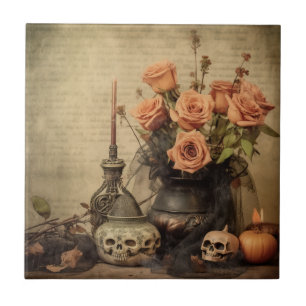 Vintage Macabre Roses Skulls Sepia Ceramic Tile