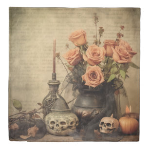 Vintage Macabre Roses Skulls Sepia Duvet Cover