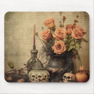 Vintage Macabre Roses Skulls Sepia Mouse Pad