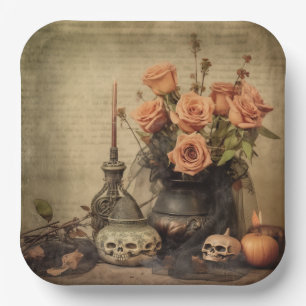 Vintage Macabre Roses Skulls Sepia Paper Plates