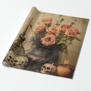 Vintage Macabre Roses Skulls Sepia Wrapping Paper