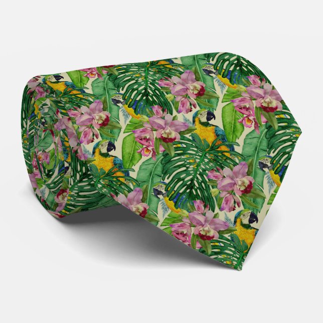 Vintage Macaw Orchid Garden Neck Tie (Rolled)