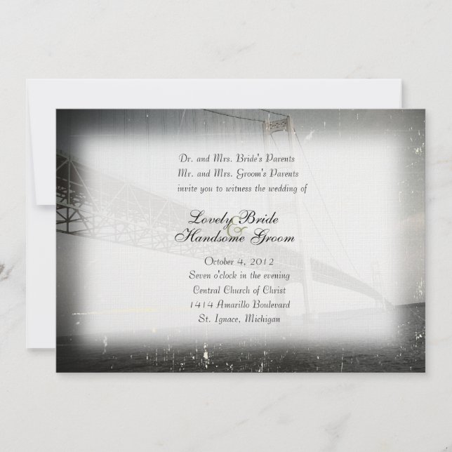 Vintage Mackinac Bridge Gray Wedding Invitation (Front)