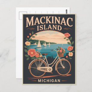 Vintage Mackinac Island Michigan with bike Flowers Postcard