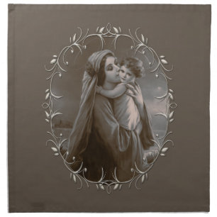 Vintage Madonna and Child with Silver Frame Cloth Napkin