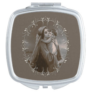 Vintage Madonna and Child with Silver Frame Compact Mirror
