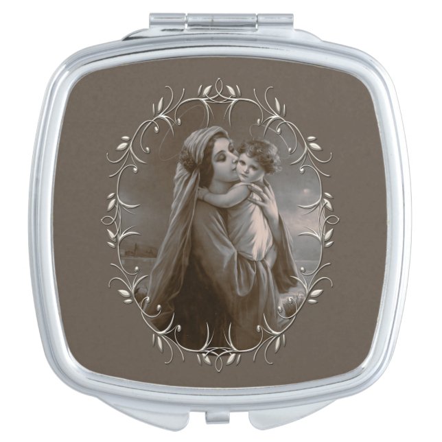 Vintage Madonna and Child with Silver Frame Compact Mirror (Front)