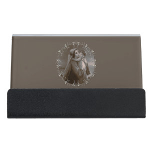 Vintage Madonna and Child with Silver Frame Desk Business Card Holder