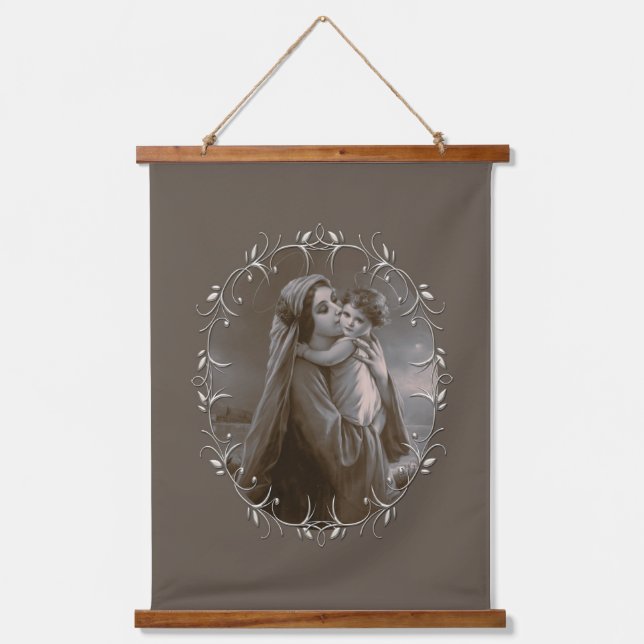 Vintage Madonna and Child with Silver Frame Hanging Tapestry (Front)
