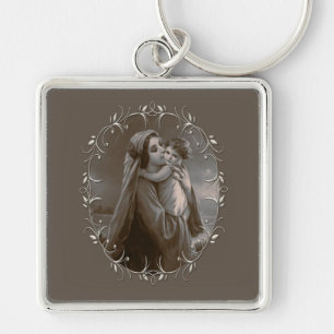Vintage Madonna and Child with Silver Frame Keychain