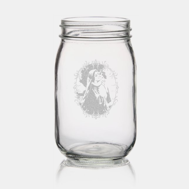 Vintage Madonna and Child with Silver Frame Mason Jar (Glassware)