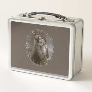 Vintage Madonna and Child with Silver Frame Metal Lunch Box