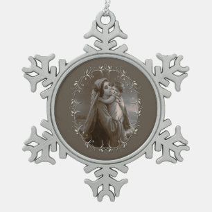 Vintage Madonna and Child with Silver Frame Snowflake Pewter Christmas Ornament