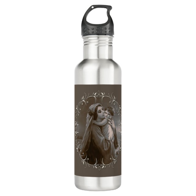 Vintage Madonna and Child with Silver Frame Stainless Steel Water Bottle (Front)