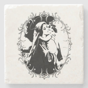 Vintage Madonna and Child with Silver Frame Stone Coaster