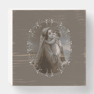 Vintage Madonna and Child with Silver Frame Wooden Box Sign