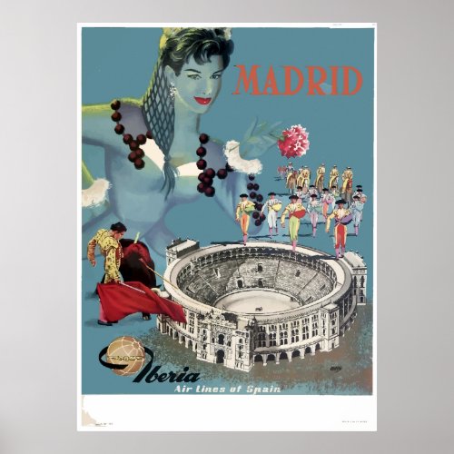 Vintage Madrid Spain Airline Travel Poster